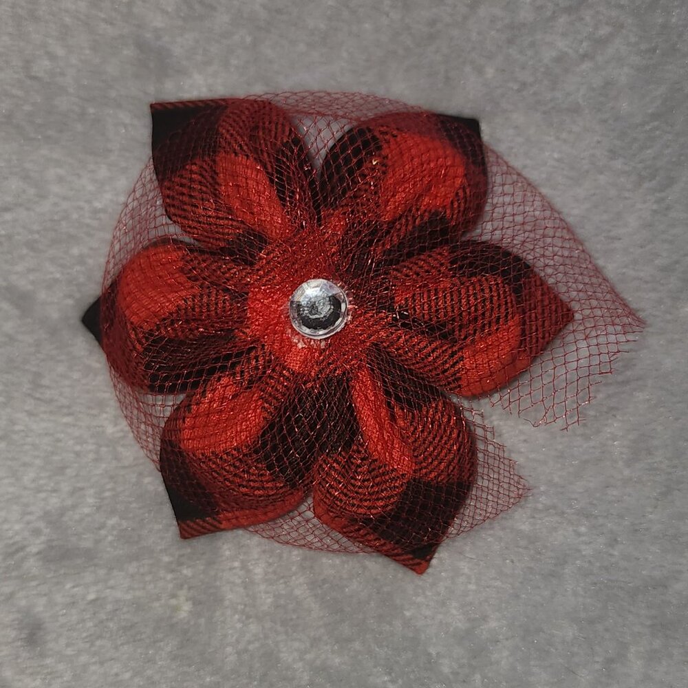 NWOT Hand Crafted Buffalo Plaid Red Black Checker Flower Pet Bow Small Dog Cat